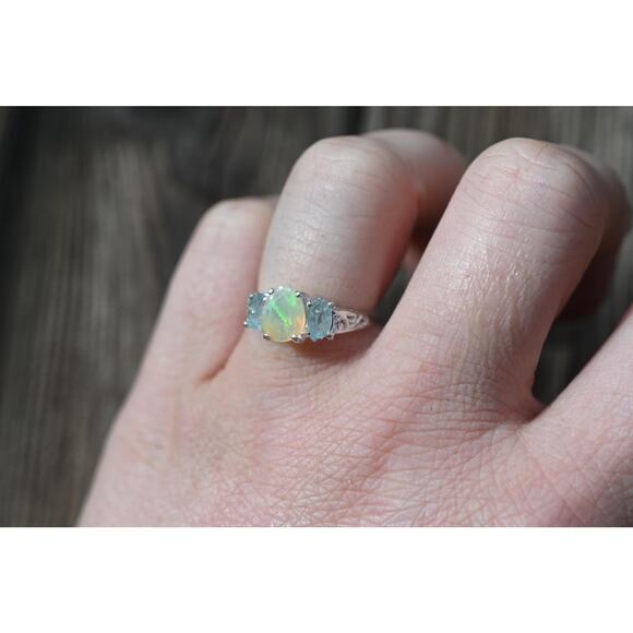 Aquamarine and opal engagement ring sterling silver size 3 4 5 6 7 8 9 10 11 12 - Picture 6 of 7